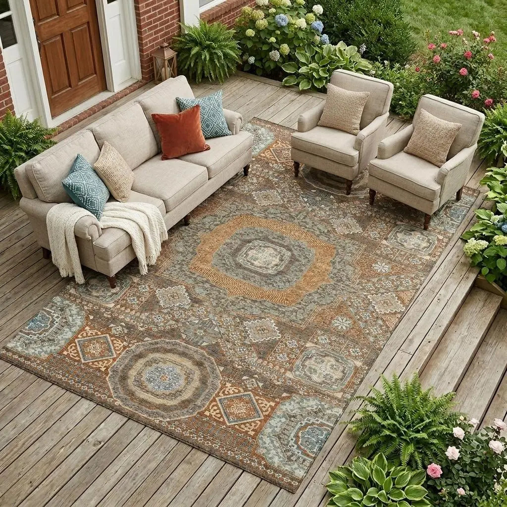 9' X 12' Orange And Copper Oriental Washable Indoor Outdoor Area Rug Homeroots Outdoor