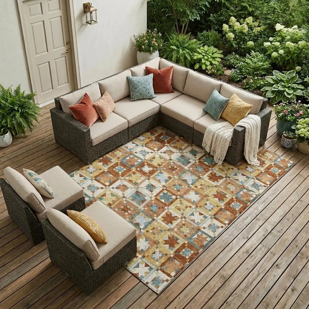 9' X 12' Orange And Copper Patchwork Washable Indoor Outdoor Area Rug Homeroots Outdoor