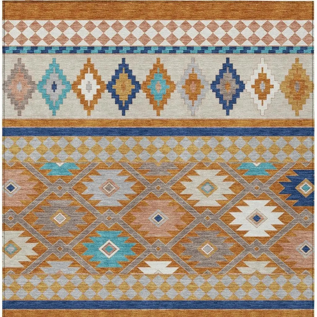 9' X 12' Orange And Copper Southwestern Washable Indoor Outdoor Area Rug Homeroots Outdoor