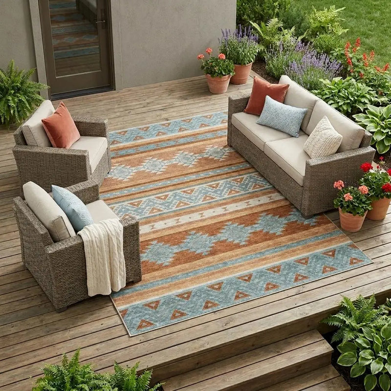 9' X 12' Orange And Copper Southwestern Washable Indoor Outdoor Area Rug Homeroots Outdoor