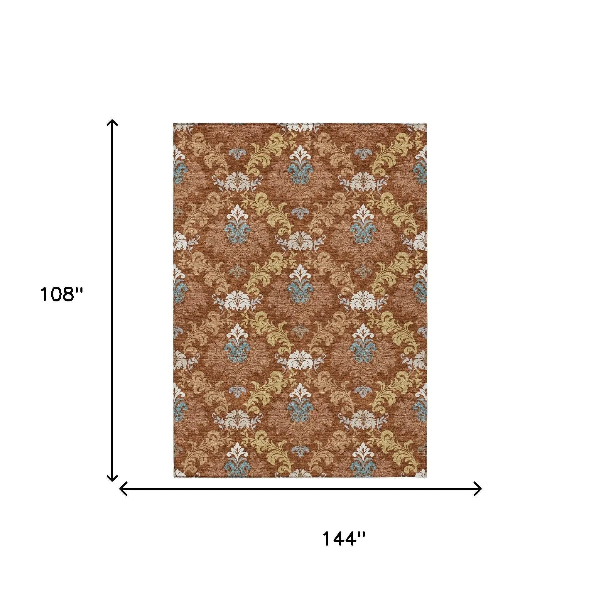 9' X 12' Orange And Gold Damask Washable Indoor Outdoor Area Rug Homeroots Outdoor