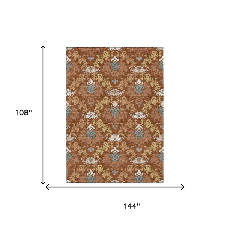 9' X 12' Orange And Gold Damask Washable Indoor Outdoor Area Rug Homeroots Outdoor