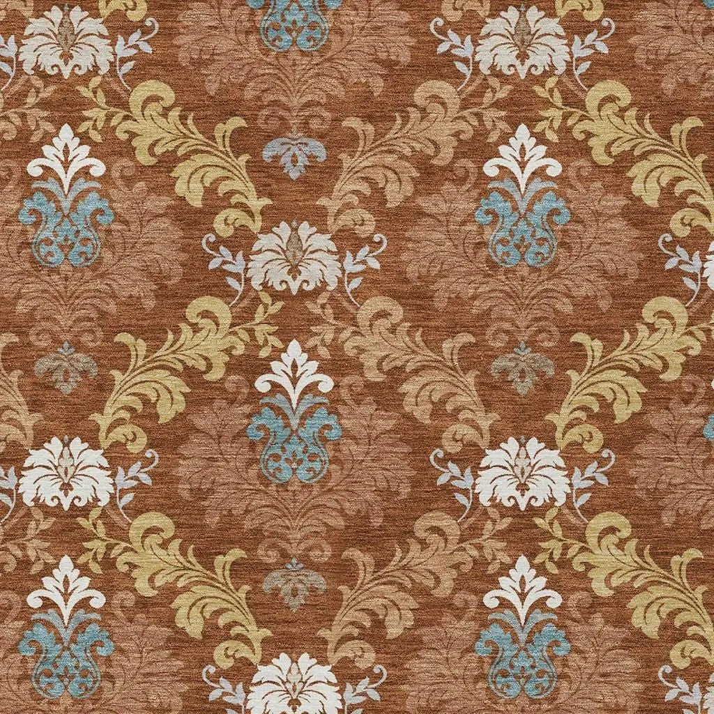 9' X 12' Orange And Gold Damask Washable Indoor Outdoor Area Rug Homeroots Outdoor