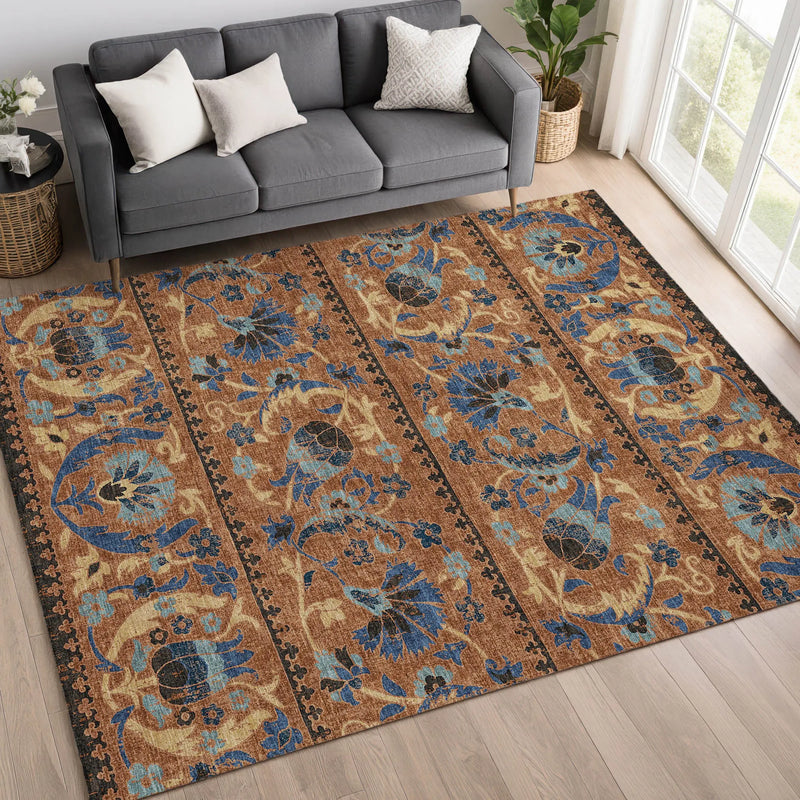9' X 12' Orange And Gold Floral Washable Indoor Outdoor Area Rug Homeroots Outdoor