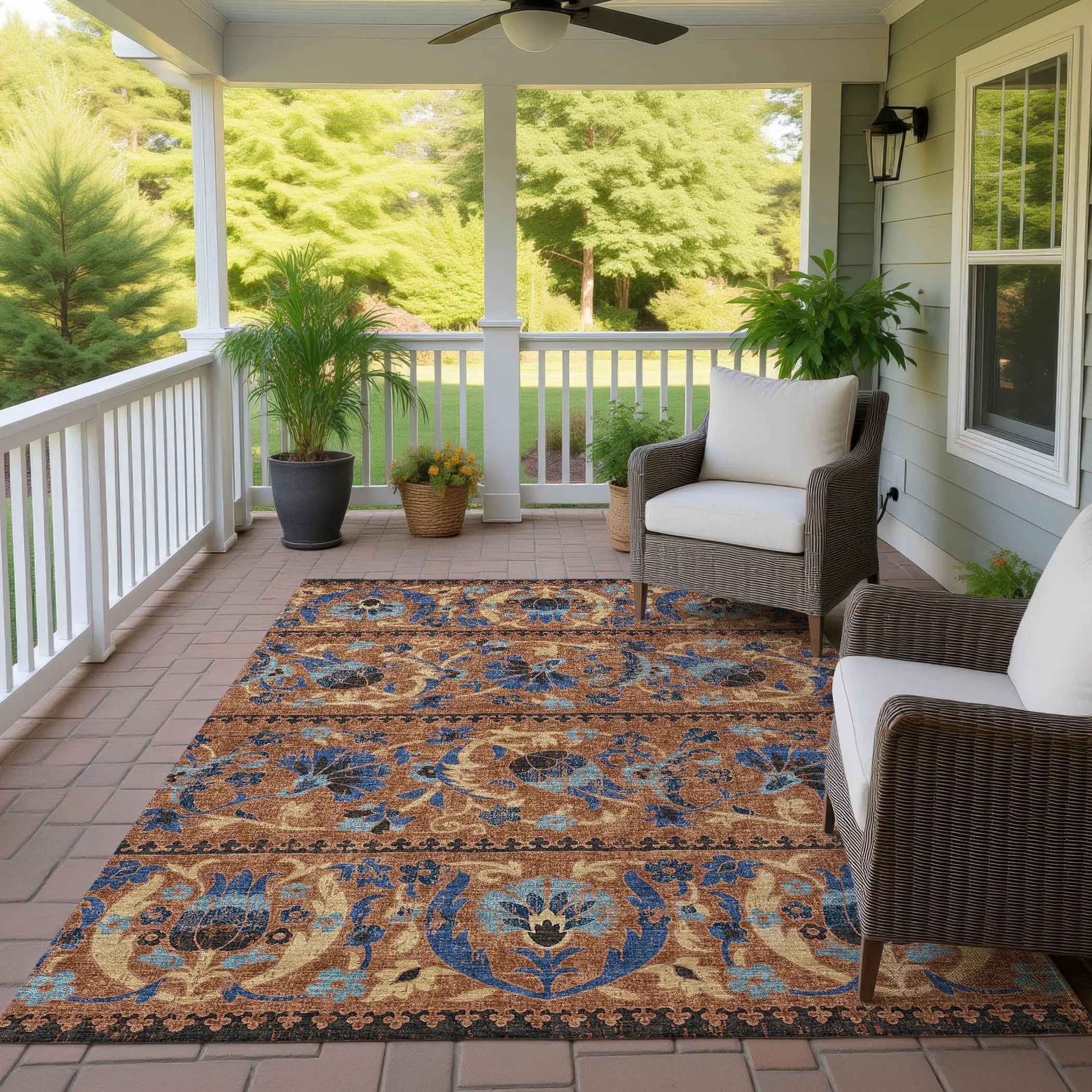 9' X 12' Orange And Gold Floral Washable Indoor Outdoor Area Rug Homeroots Outdoor