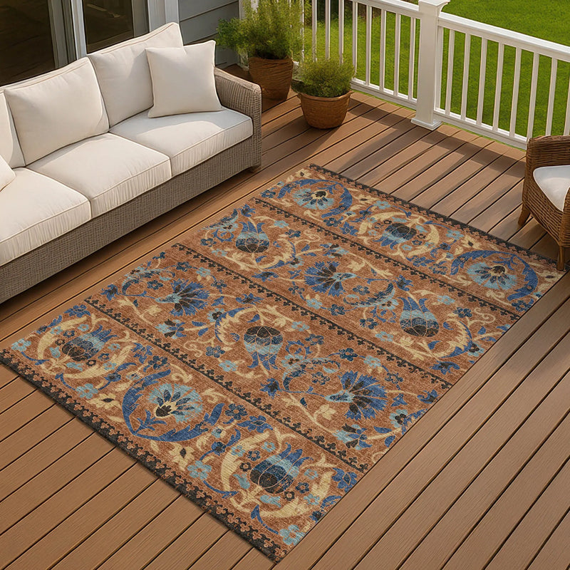 9' X 12' Orange And Gold Floral Washable Indoor Outdoor Area Rug Homeroots Outdoor