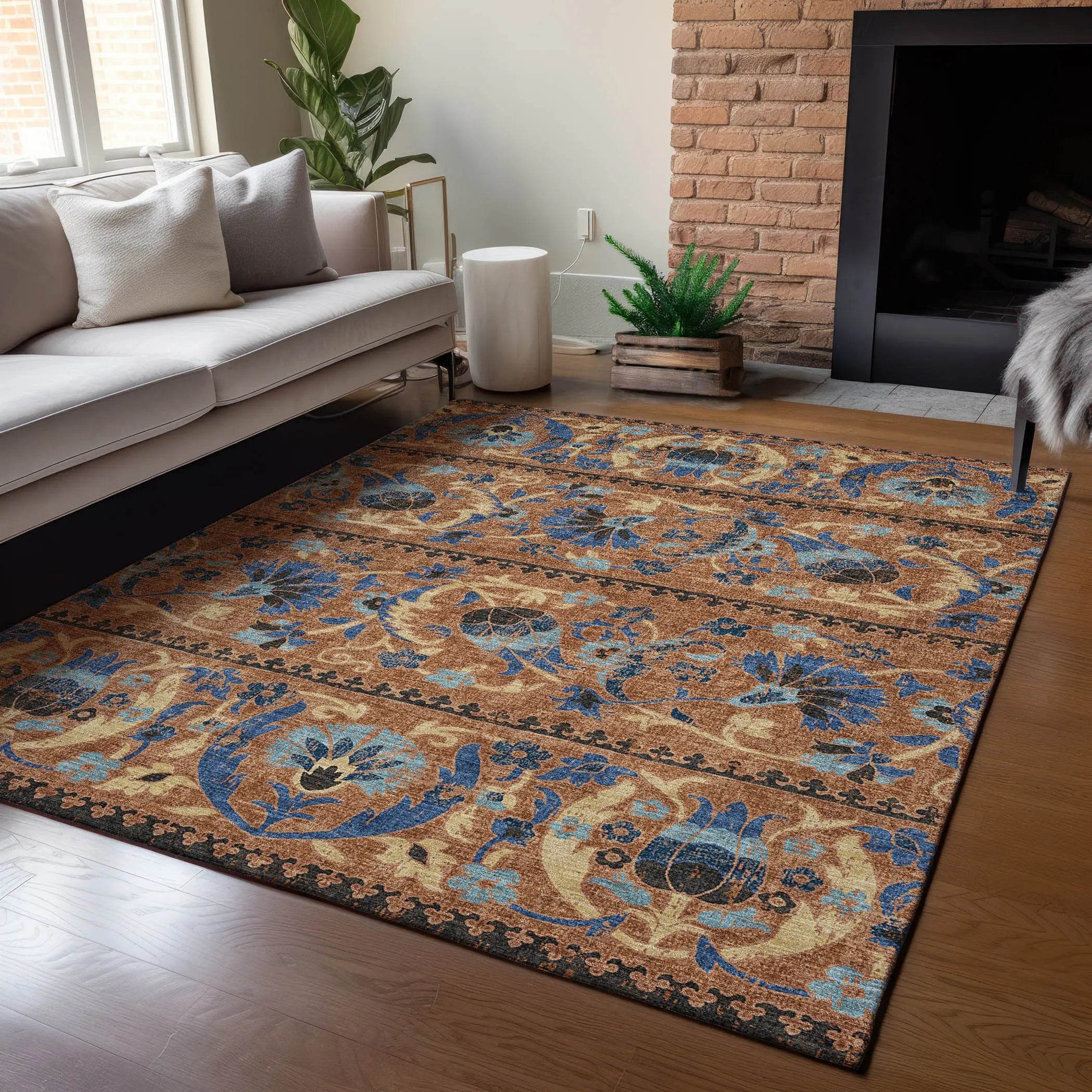 9' X 12' Orange And Gold Floral Washable Indoor Outdoor Area Rug Homeroots Outdoor
