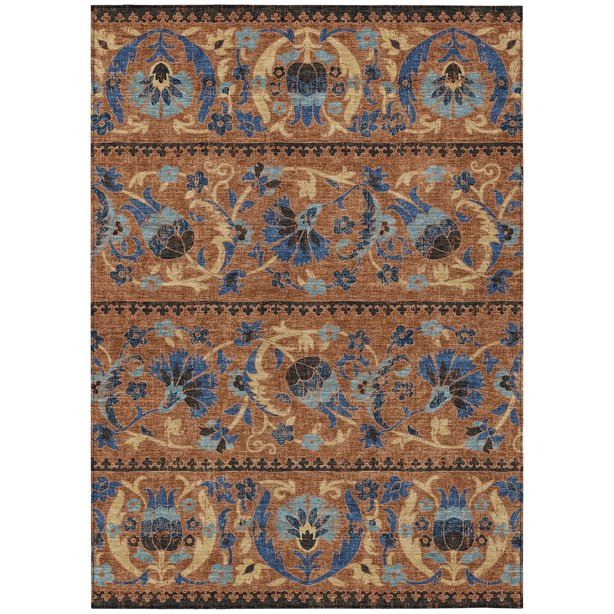 9' X 12' Orange And Gold Floral Washable Indoor Outdoor Area Rug Homeroots Outdoor