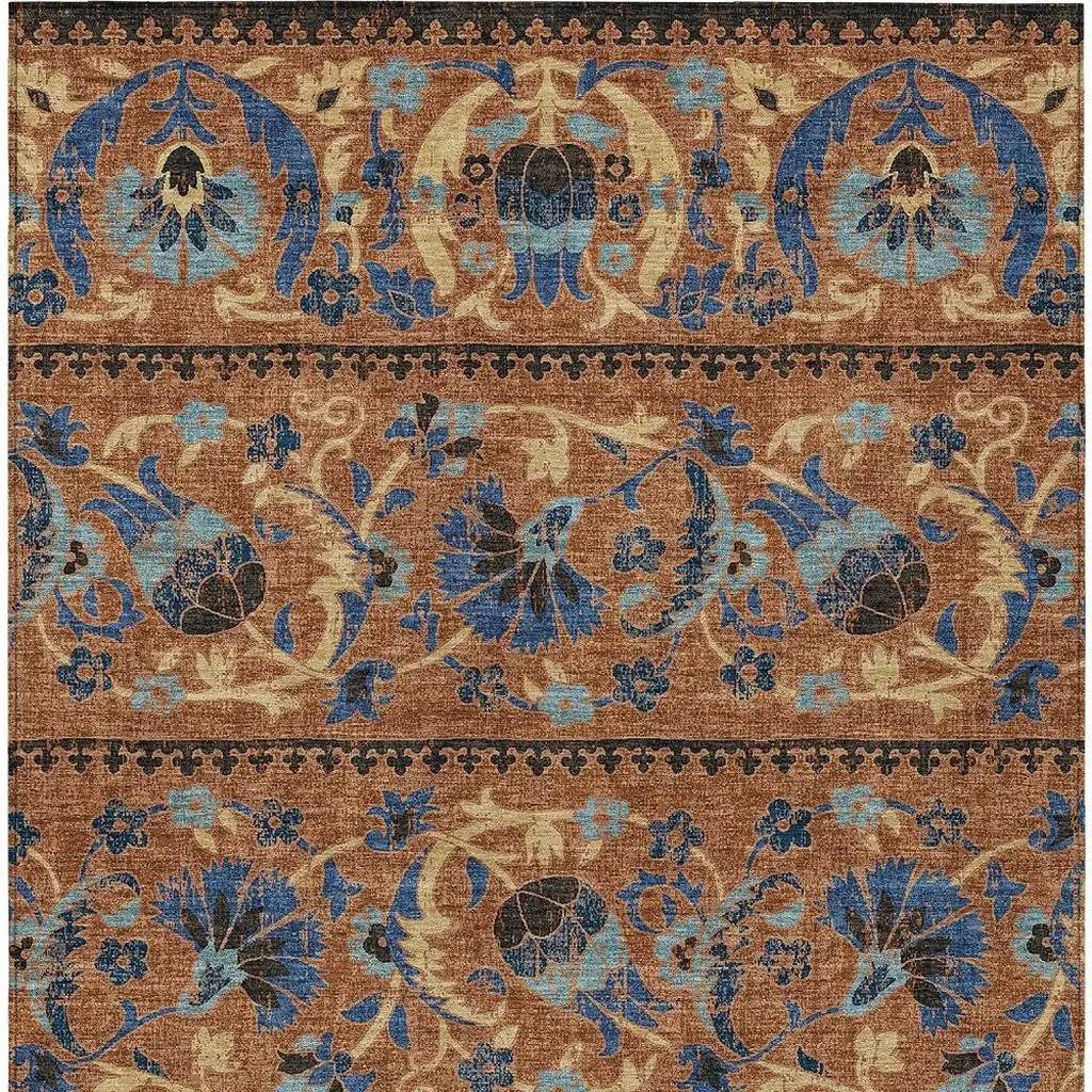 9' X 12' Orange And Gold Floral Washable Indoor Outdoor Area Rug Homeroots Outdoor