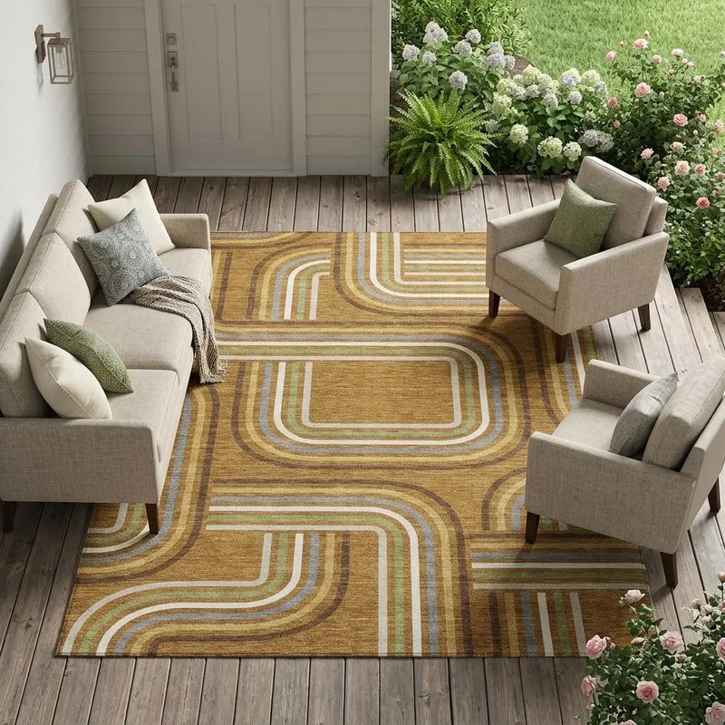 9' X 12' Orange And Gold Geometric Washable Indoor Outdoor Area Rug Homeroots Outdoor