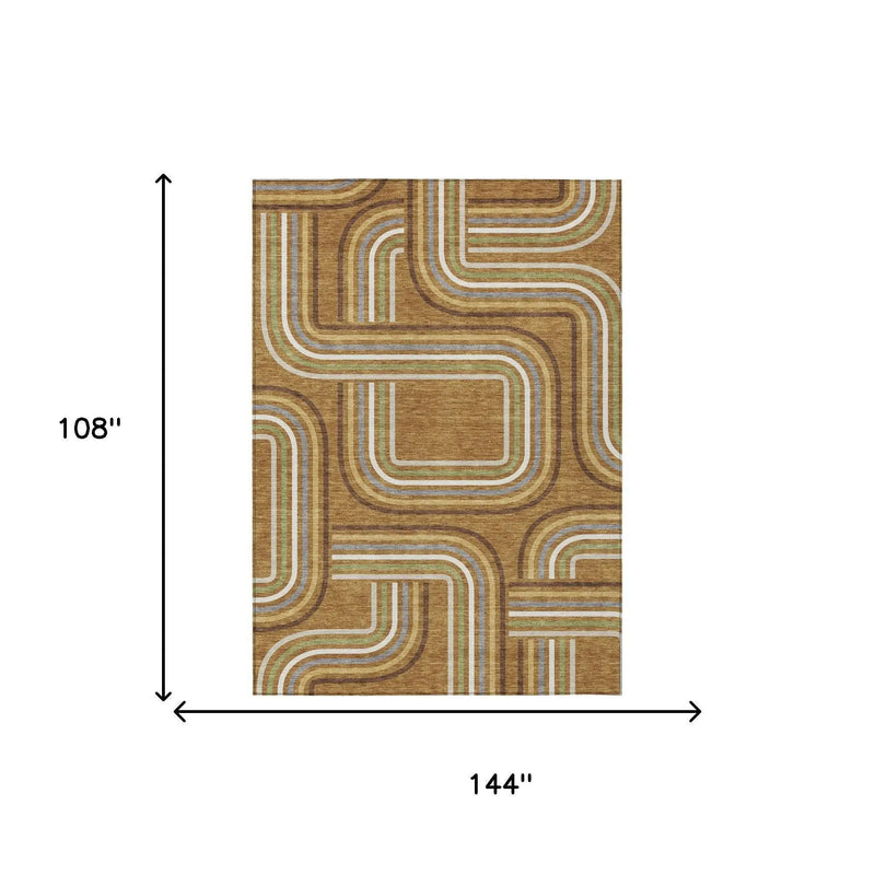 9' X 12' Orange And Gold Geometric Washable Indoor Outdoor Area Rug Homeroots Outdoor