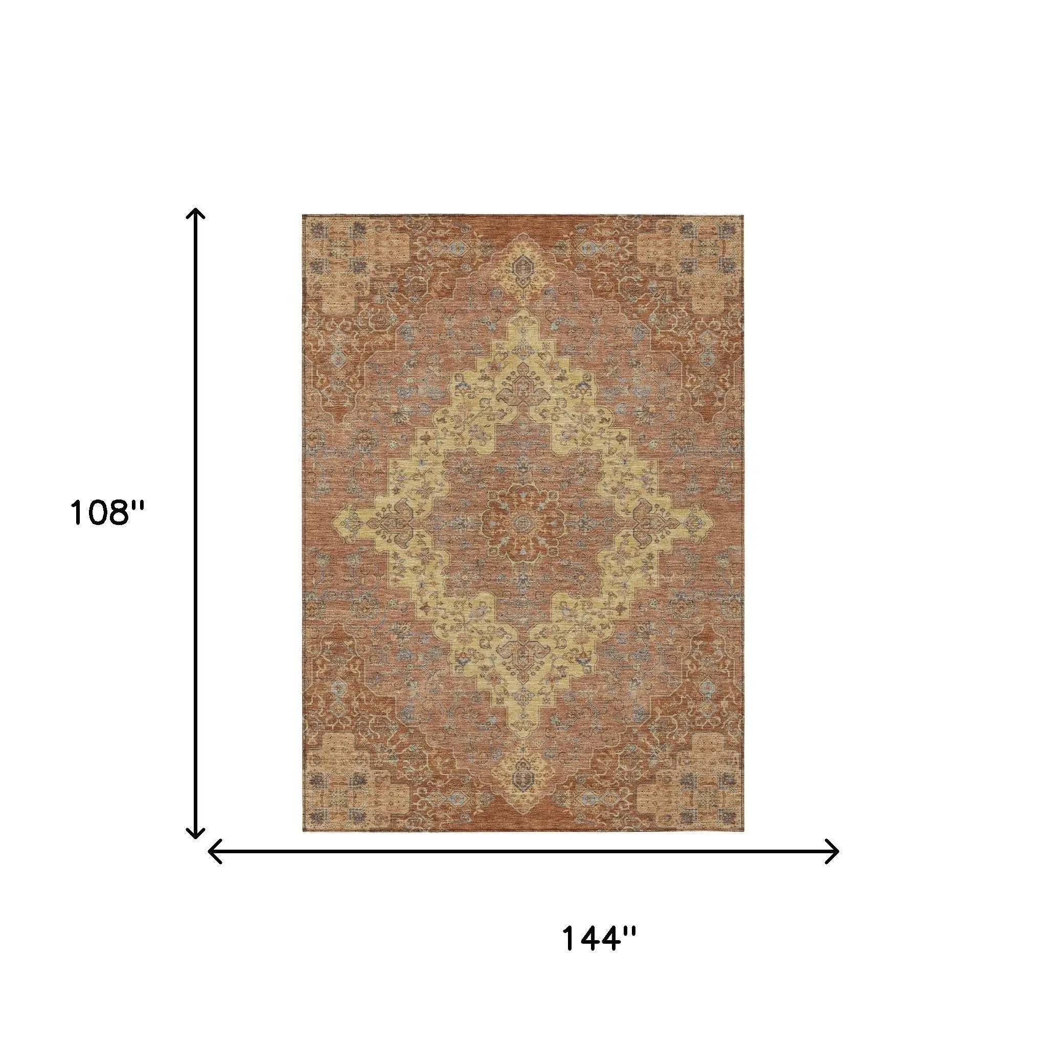 9' X 12' Orange And Gold Medallion Washable Indoor Outdoor Area Rug Homeroots Outdoor