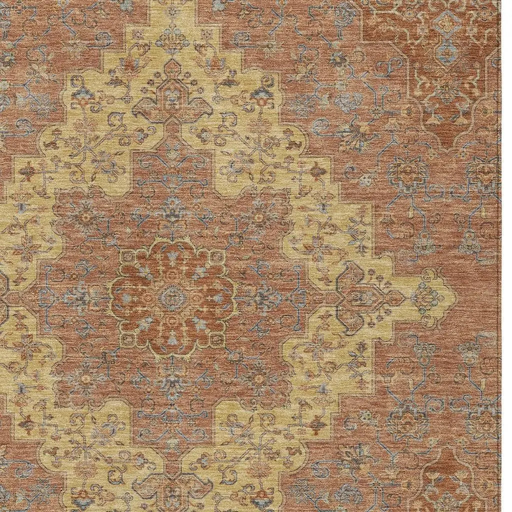 9' X 12' Orange And Gold Medallion Washable Indoor Outdoor Area Rug Homeroots Outdoor