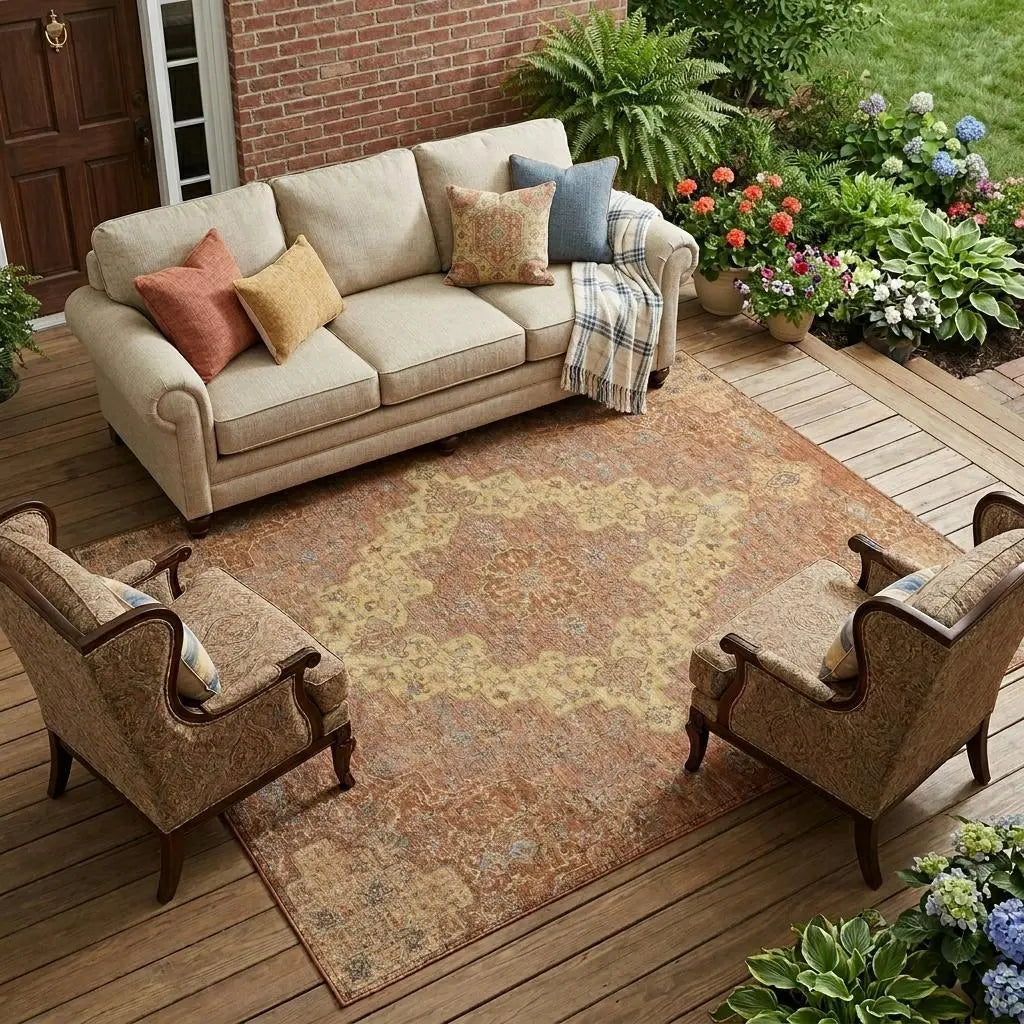 9' X 12' Orange And Gold Medallion Washable Indoor Outdoor Area Rug Homeroots Outdoor