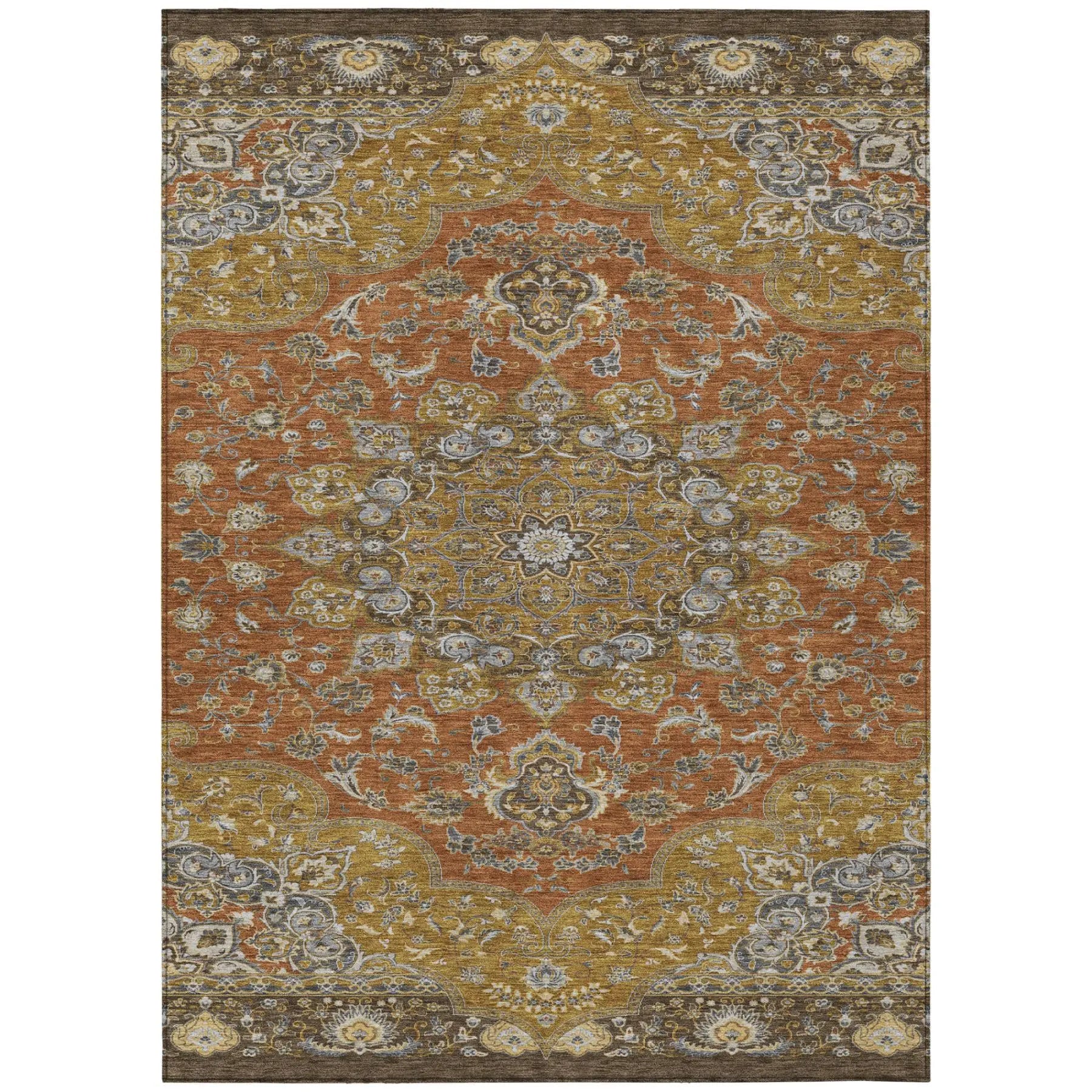9' X 12' Orange And Gold Oriental Washable Indoor Outdoor Area Rug Homeroots Outdoor