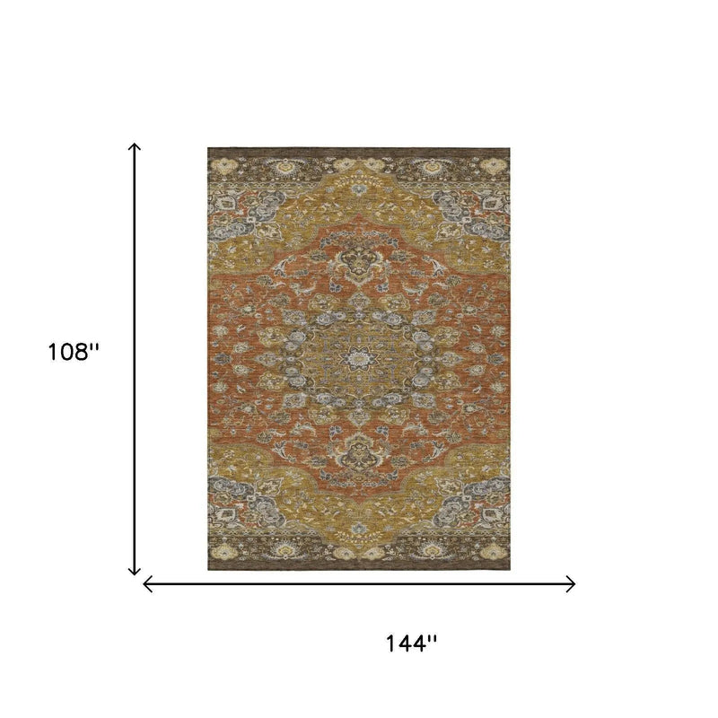 9' X 12' Orange And Gold Oriental Washable Indoor Outdoor Area Rug Homeroots Outdoor