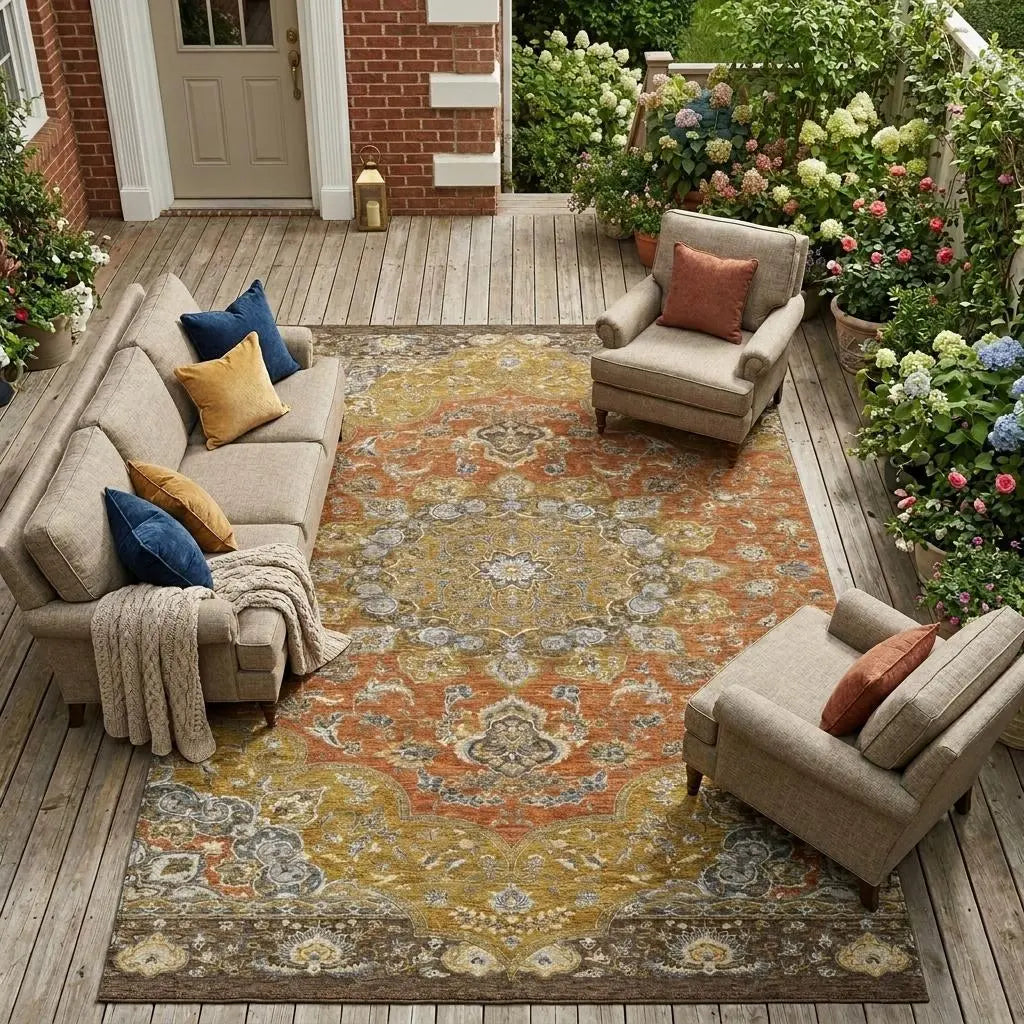 9' X 12' Orange And Gold Oriental Washable Indoor Outdoor Area Rug Homeroots Outdoor