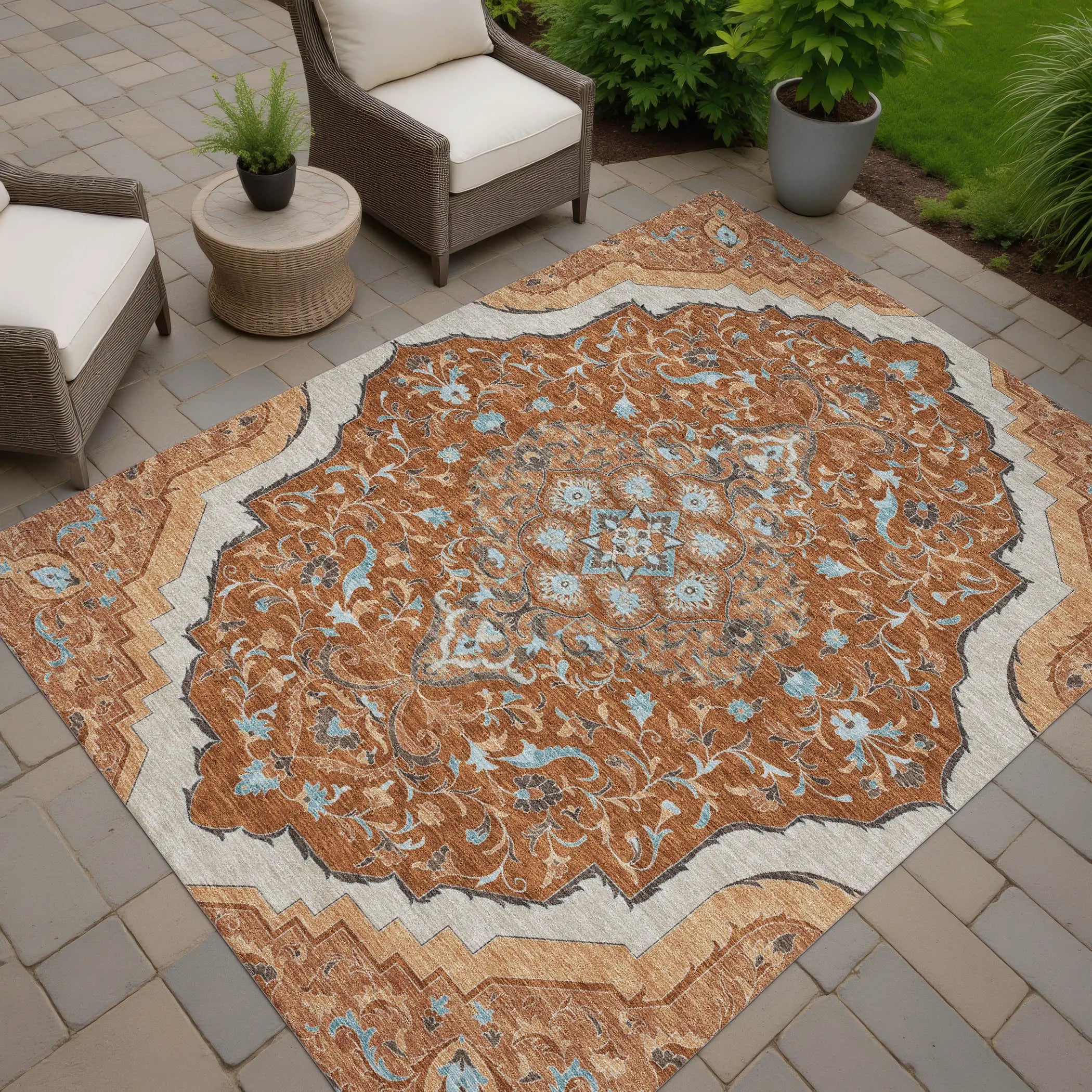 9' X 12' Orange And Graphite Medallion Washable Indoor Outdoor Area Rug Homeroots Outdoor