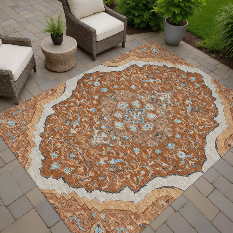 9' X 12' Orange And Graphite Medallion Washable Indoor Outdoor Area Rug Homeroots Outdoor
