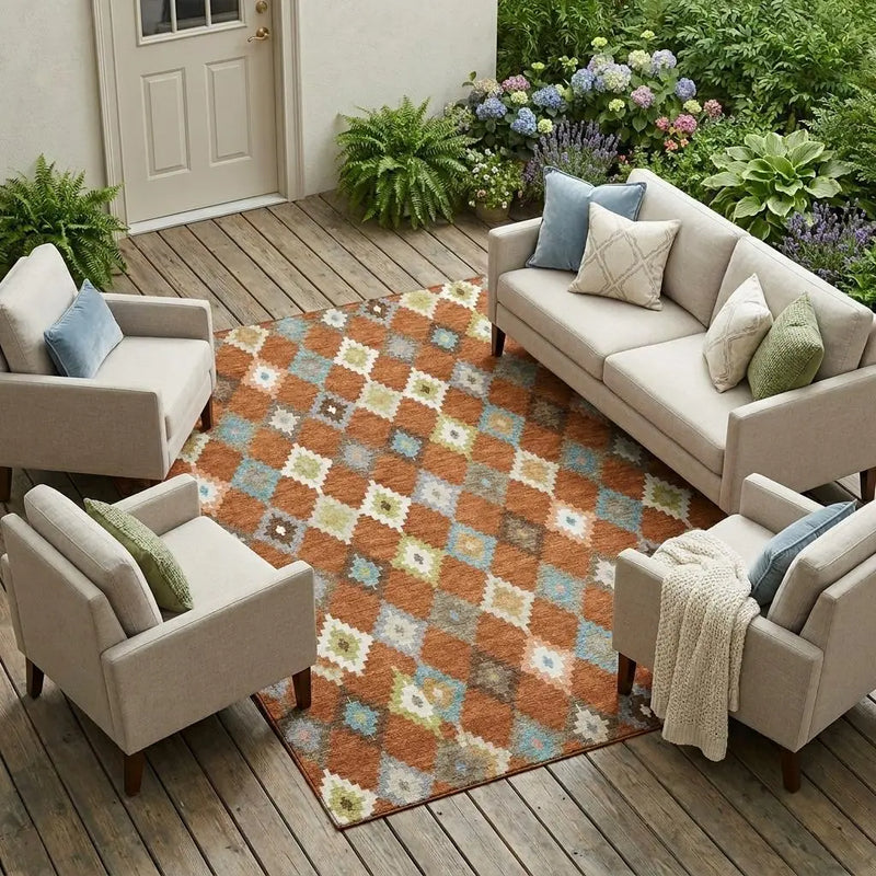 9' X 12' Orange And Gray Aztec Washable Indoor Outdoor Area Rug Homeroots Outdoor