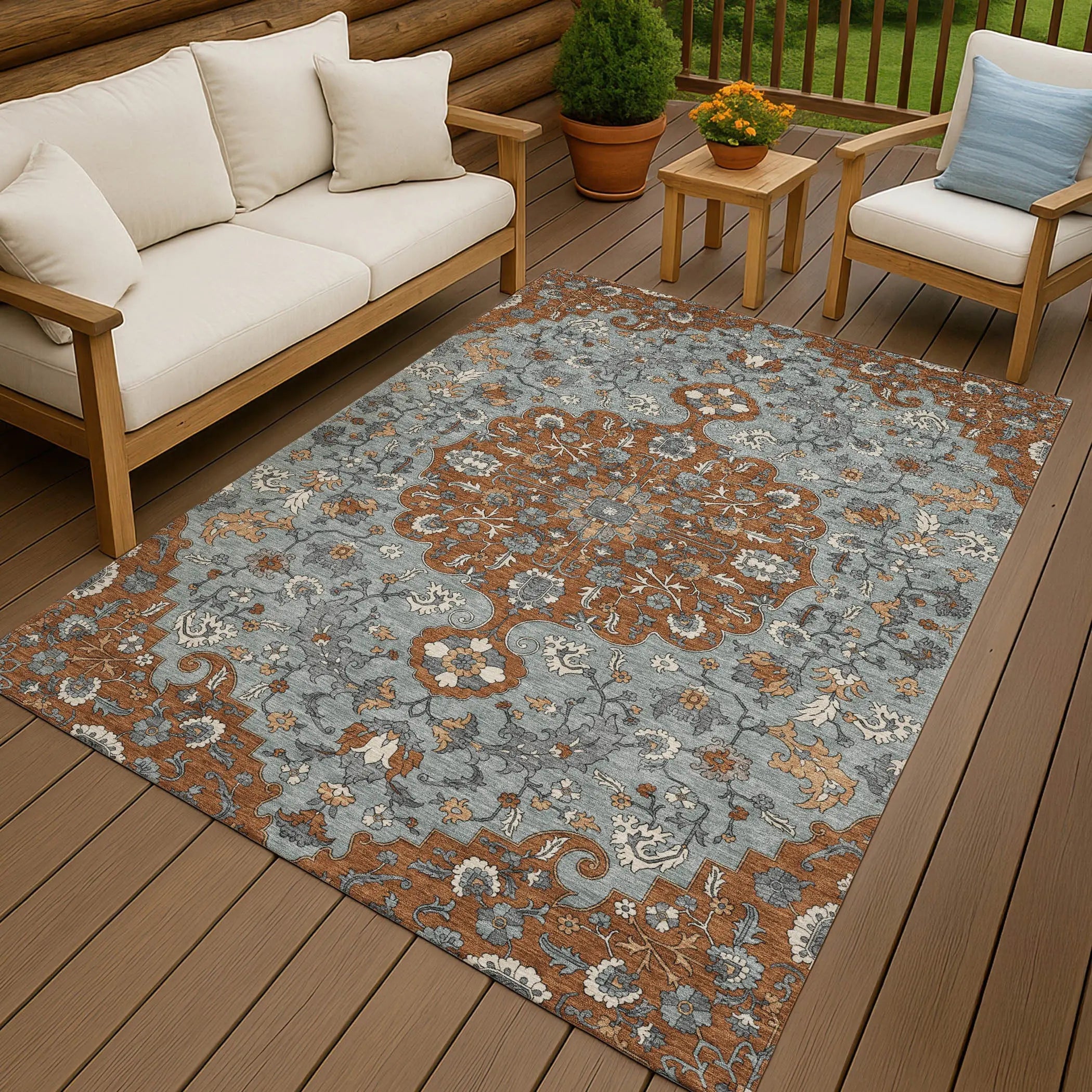 9' X 12' Orange And Gray Floral Medallion Washable Indoor Outdoor Area Rug Homeroots Outdoor