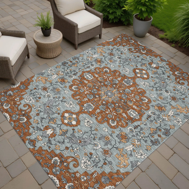 9' X 12' Orange And Gray Floral Medallion Washable Indoor Outdoor Area Rug Homeroots Outdoor