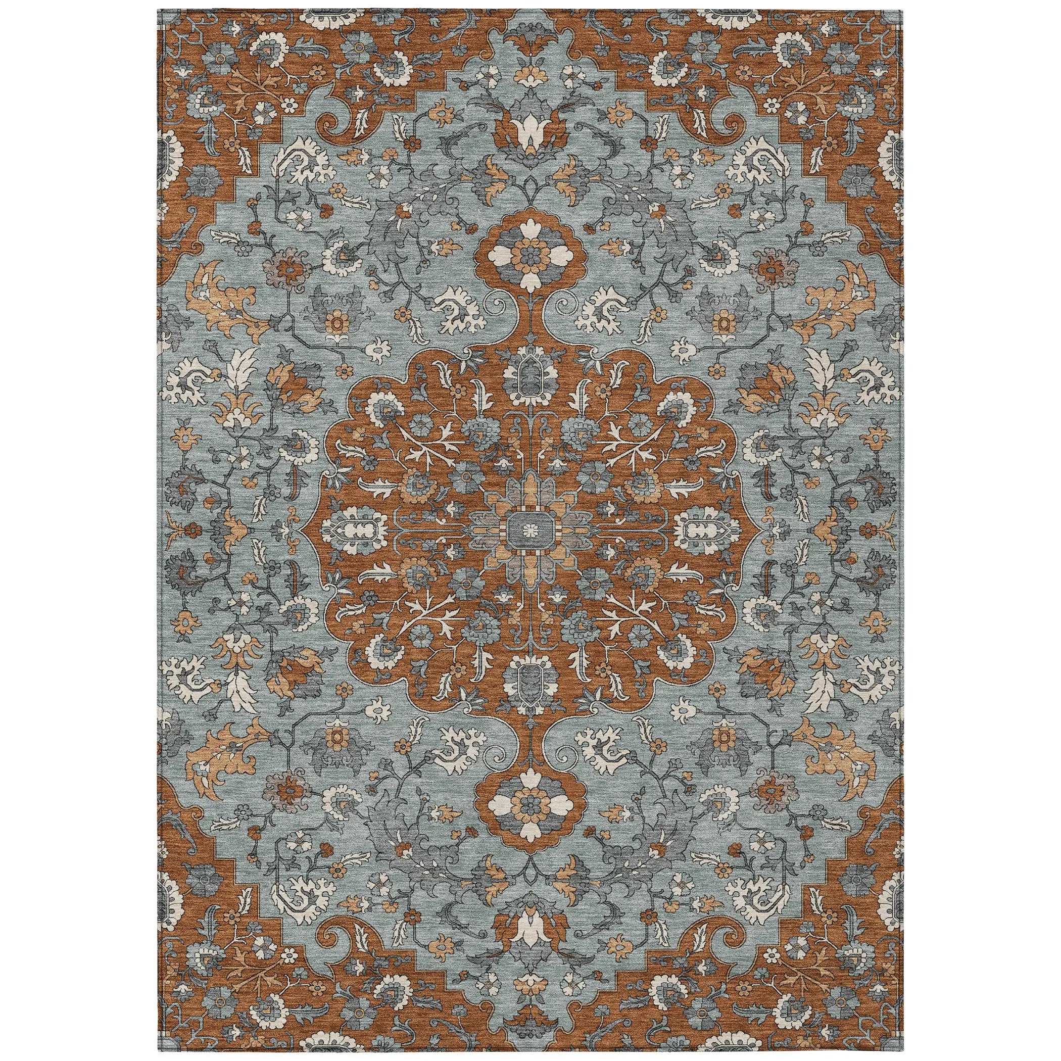 9' X 12' Orange And Gray Floral Medallion Washable Indoor Outdoor Area Rug Homeroots Outdoor
