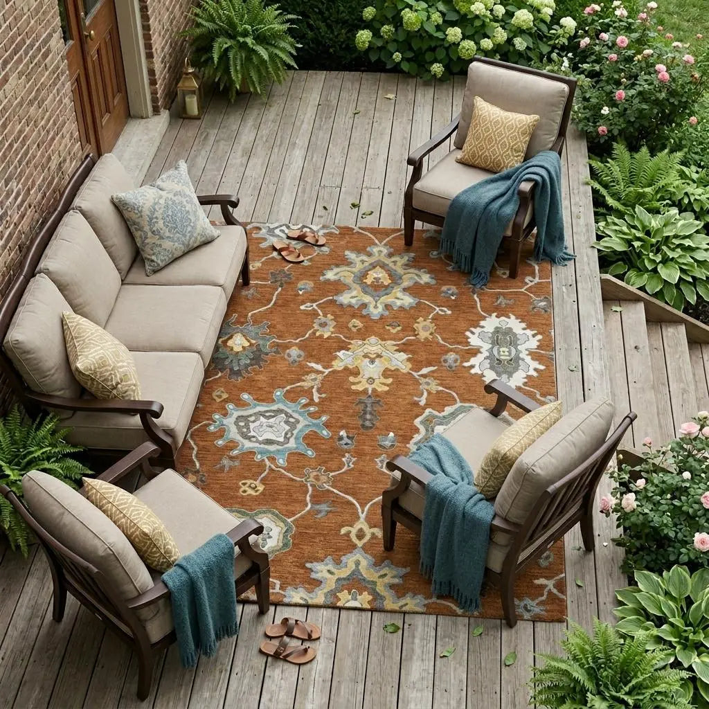 9' X 12' Orange And Gray Oriental Washable Indoor Outdoor Area Rug Homeroots Outdoor