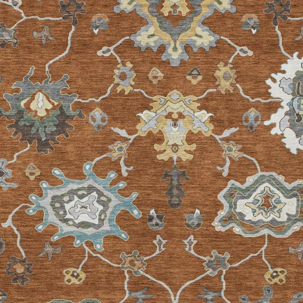 9' X 12' Orange And Gray Oriental Washable Indoor Outdoor Area Rug Homeroots Outdoor