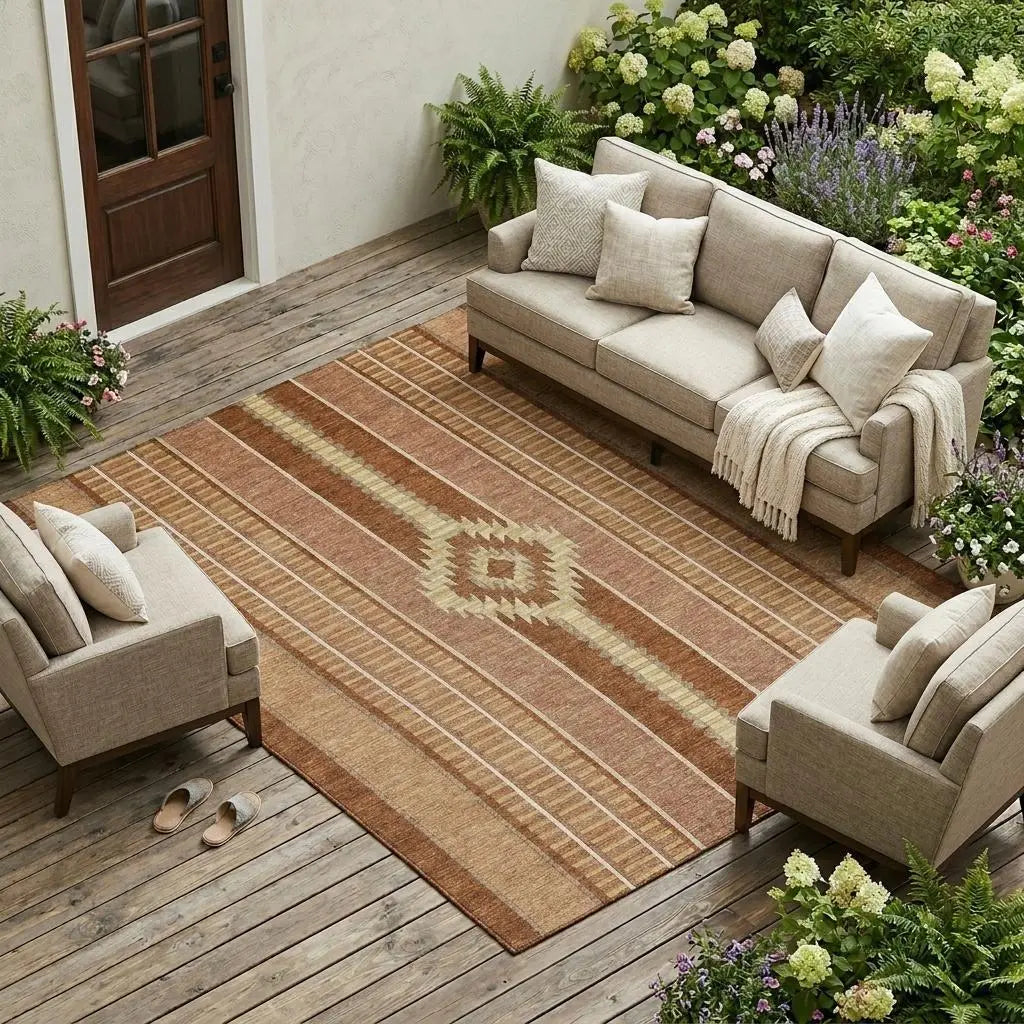 9' X 12' Orange And Gray Striped Washable Indoor Outdoor Area Rug Homeroots Outdoor
