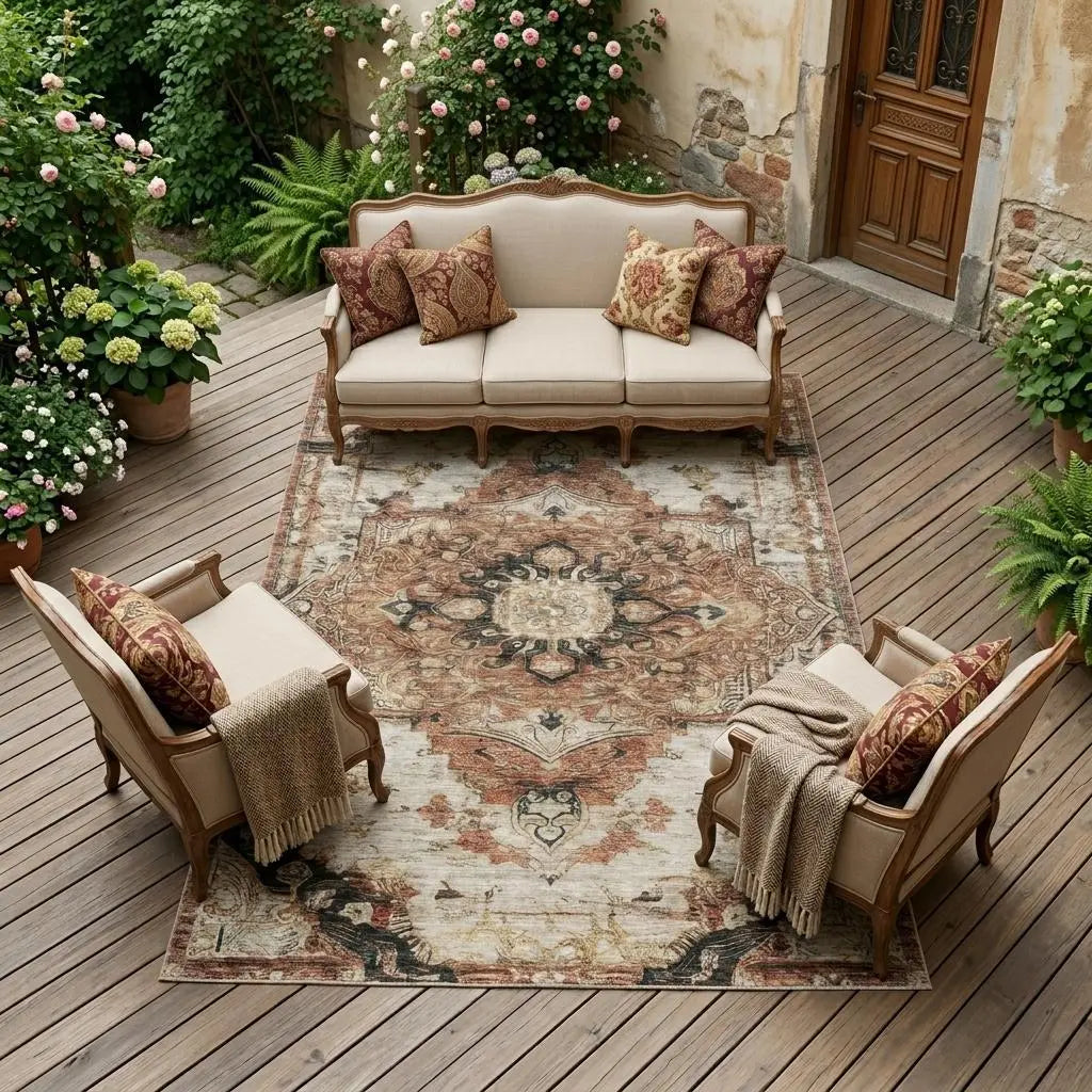 9' X 12' Orange And Ivory Floral Medallion Washable Indoor Outdoor Area Rug Homeroots Outdoor