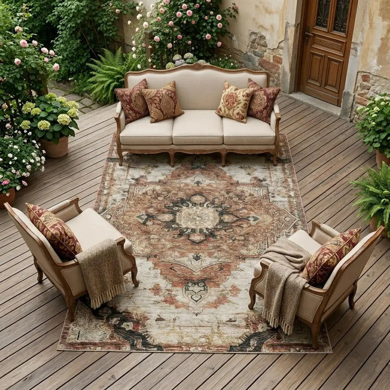 9' X 12' Orange And Ivory Floral Medallion Washable Indoor Outdoor Area Rug Homeroots Outdoor