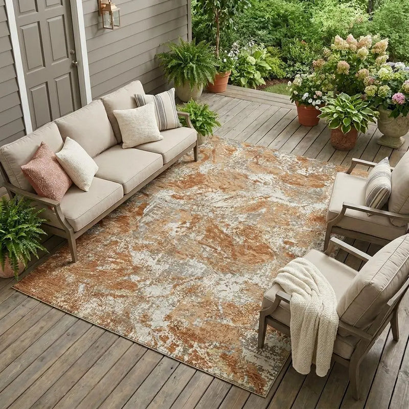 9' X 12' Orange And Khaki Abstract Washable Indoor Outdoor Area Rug Homeroots Outdoor
