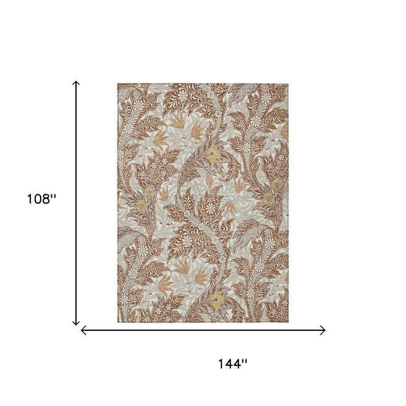 9' X 12' Orange And Khaki Botanical Leaves Washable Indoor Outdoor Area Rug Homeroots Outdoor