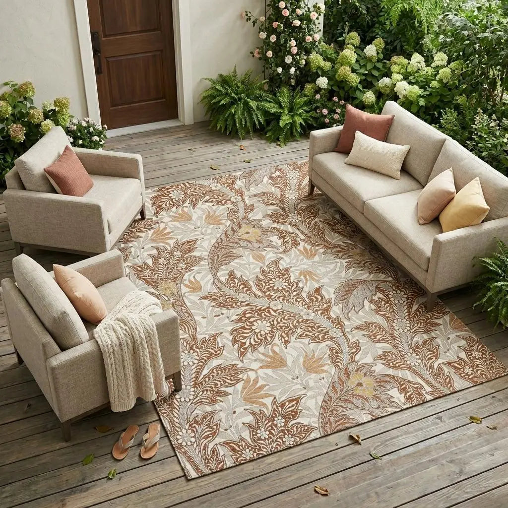 9' X 12' Orange And Khaki Botanical Leaves Washable Indoor Outdoor Area Rug Homeroots Outdoor