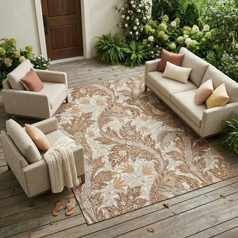 9' X 12' Orange And Khaki Botanical Leaves Washable Indoor Outdoor Area Rug Homeroots Outdoor