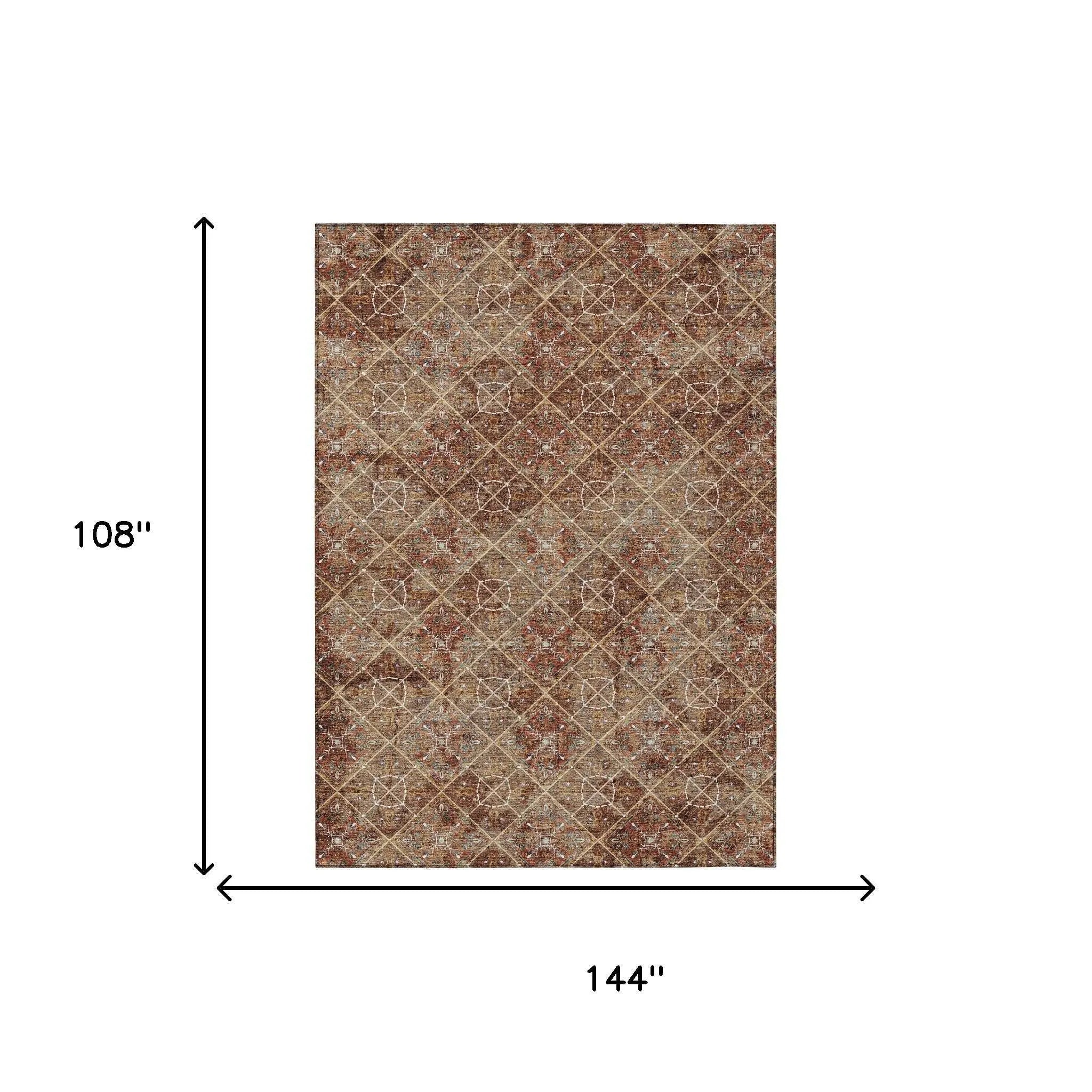 9' X 12' Orange And Khaki Geometric Washable Indoor Outdoor Area Rug Homeroots Outdoor
