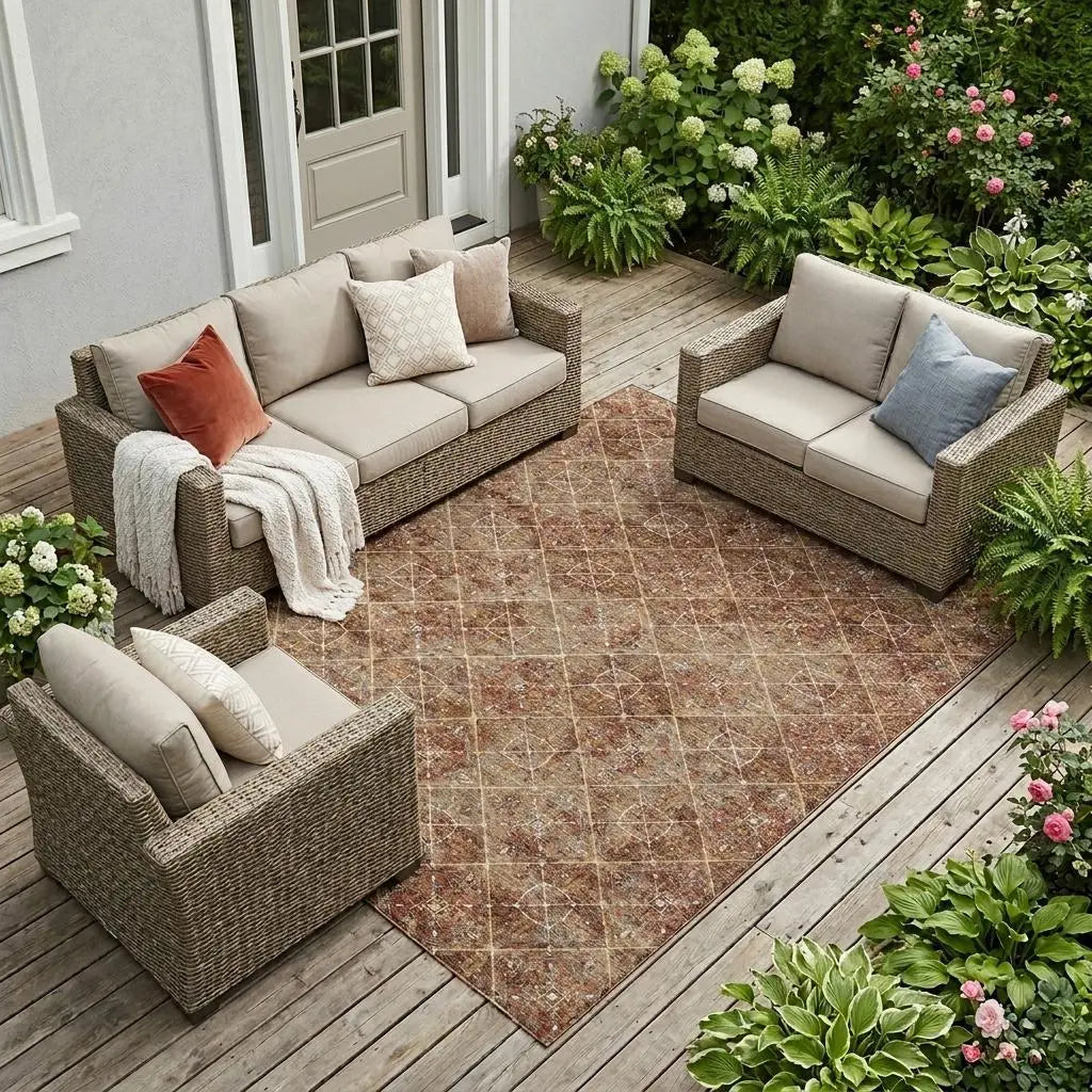 9' X 12' Orange And Khaki Geometric Washable Indoor Outdoor Area Rug Homeroots Outdoor