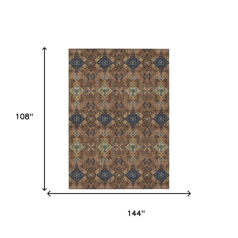 9' X 12' Orange And Navy Blue Geometric Washable Indoor Outdoor Area Rug Homeroots Outdoor