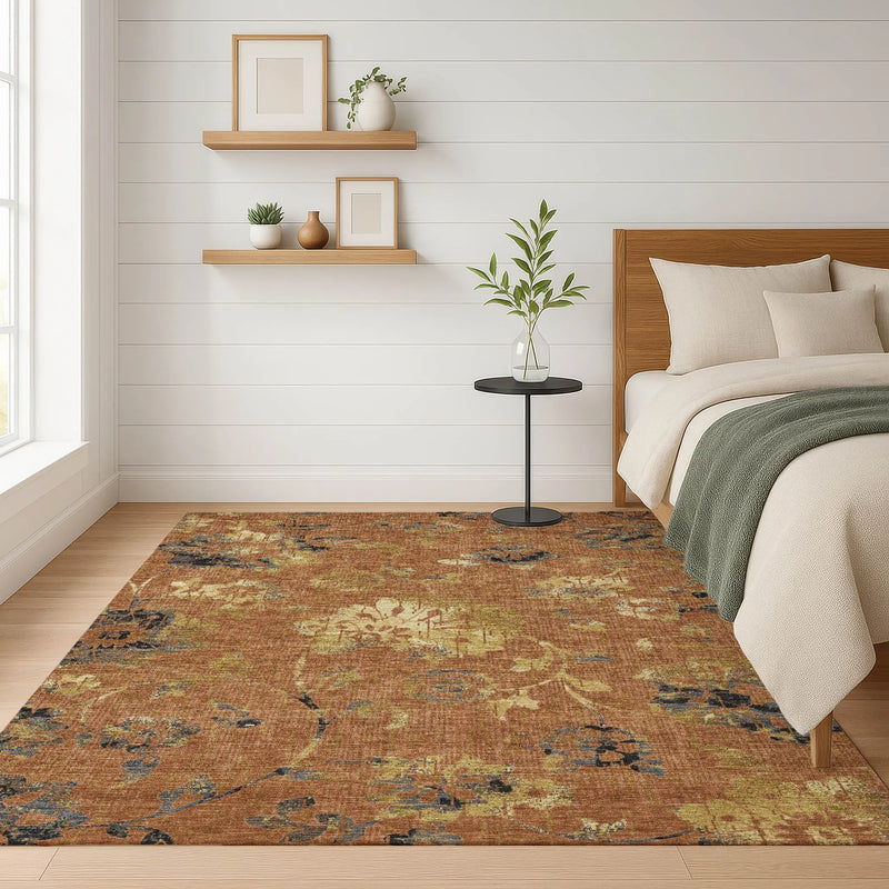 9' X 12' Orange And Rust Floral Washable Indoor Outdoor Area Rug Homeroots Outdoor