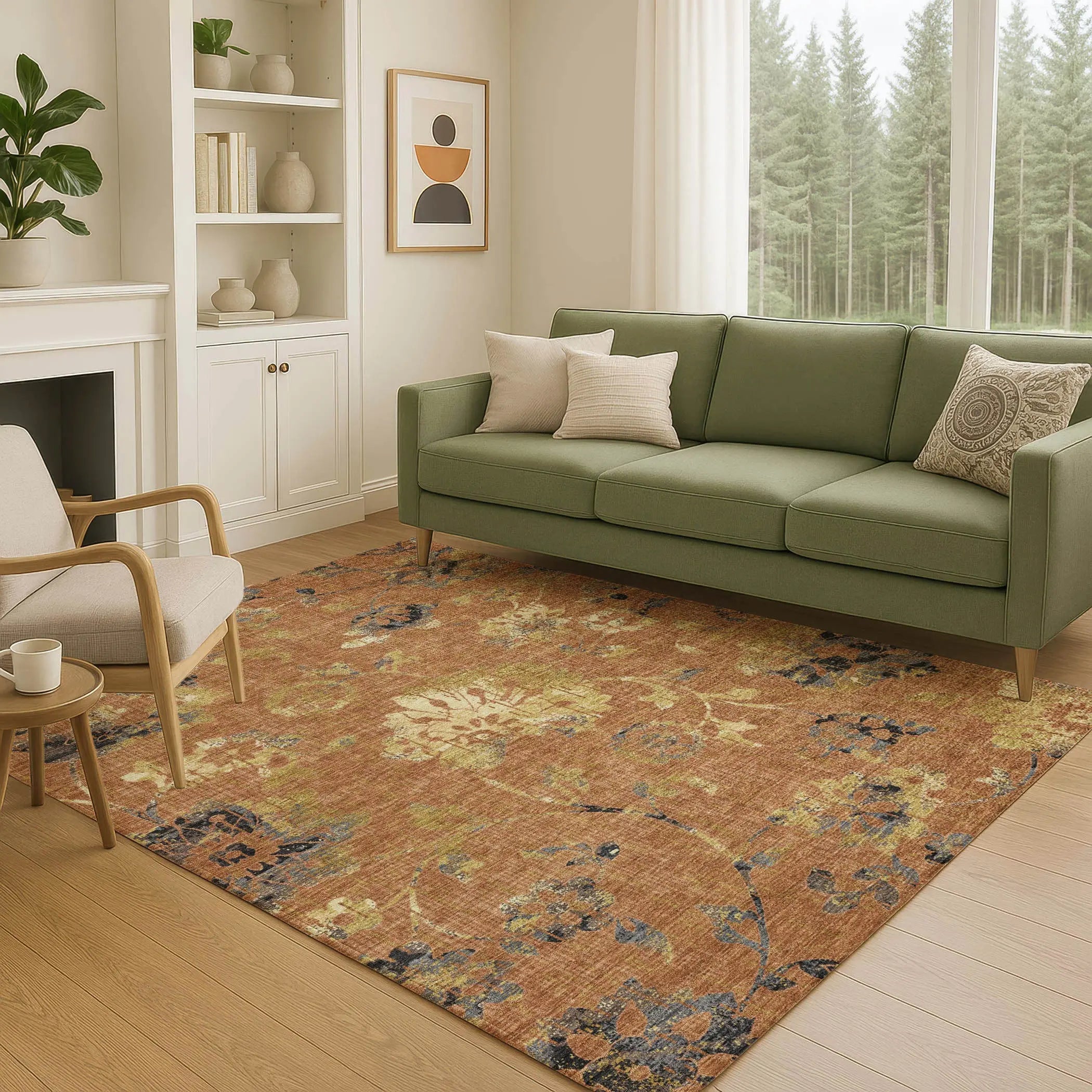 9' X 12' Orange And Rust Floral Washable Indoor Outdoor Area Rug Homeroots Outdoor