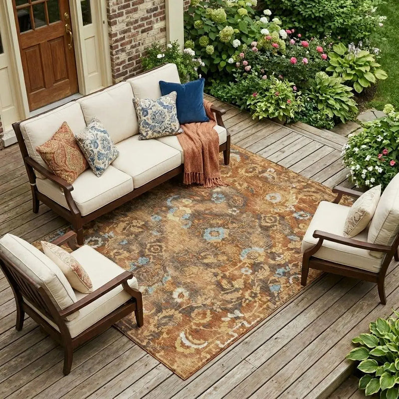 9' X 12' Orange And Rust Floral Washable Indoor Outdoor Area Rug Homeroots Outdoor