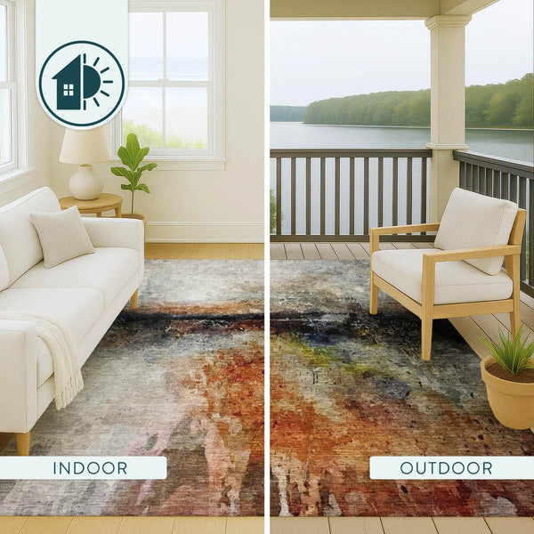 9' X 12' Orange And Silver Abstract Washable Indoor Outdoor Area Rug Homeroots Outdoor