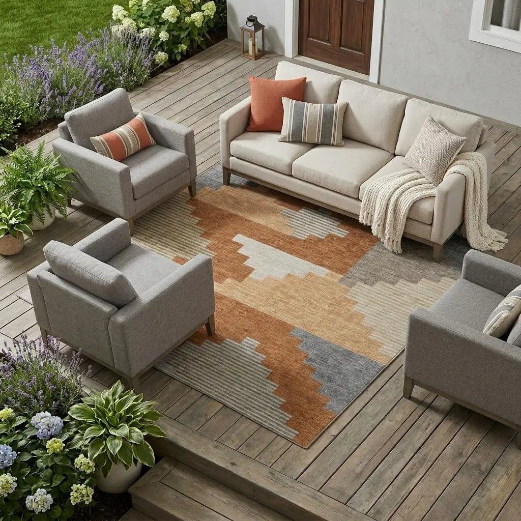 9' X 12' Orange And Silver Geometric Washable Indoor Outdoor Area Rug Homeroots Outdoor