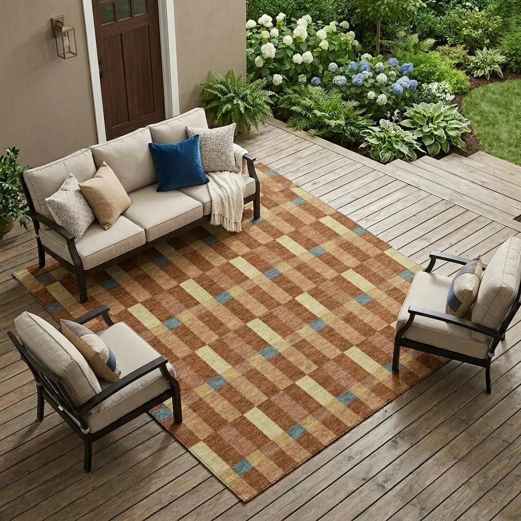 9' X 12' Orange And Teal Blue Geometric Washable Indoor Outdoor Area Rug Homeroots Outdoor