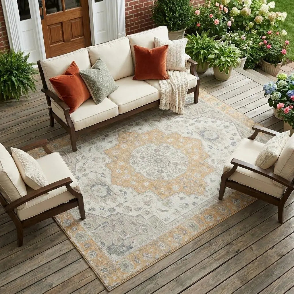 9' X 12' Peach And Gold Oriental Washable Indoor Outdoor Area Rug Homeroots Outdoor