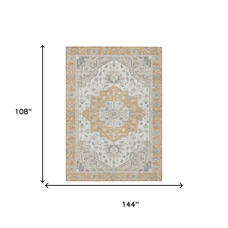 9' X 12' Peach And Gold Oriental Washable Indoor Outdoor Area Rug Homeroots Outdoor