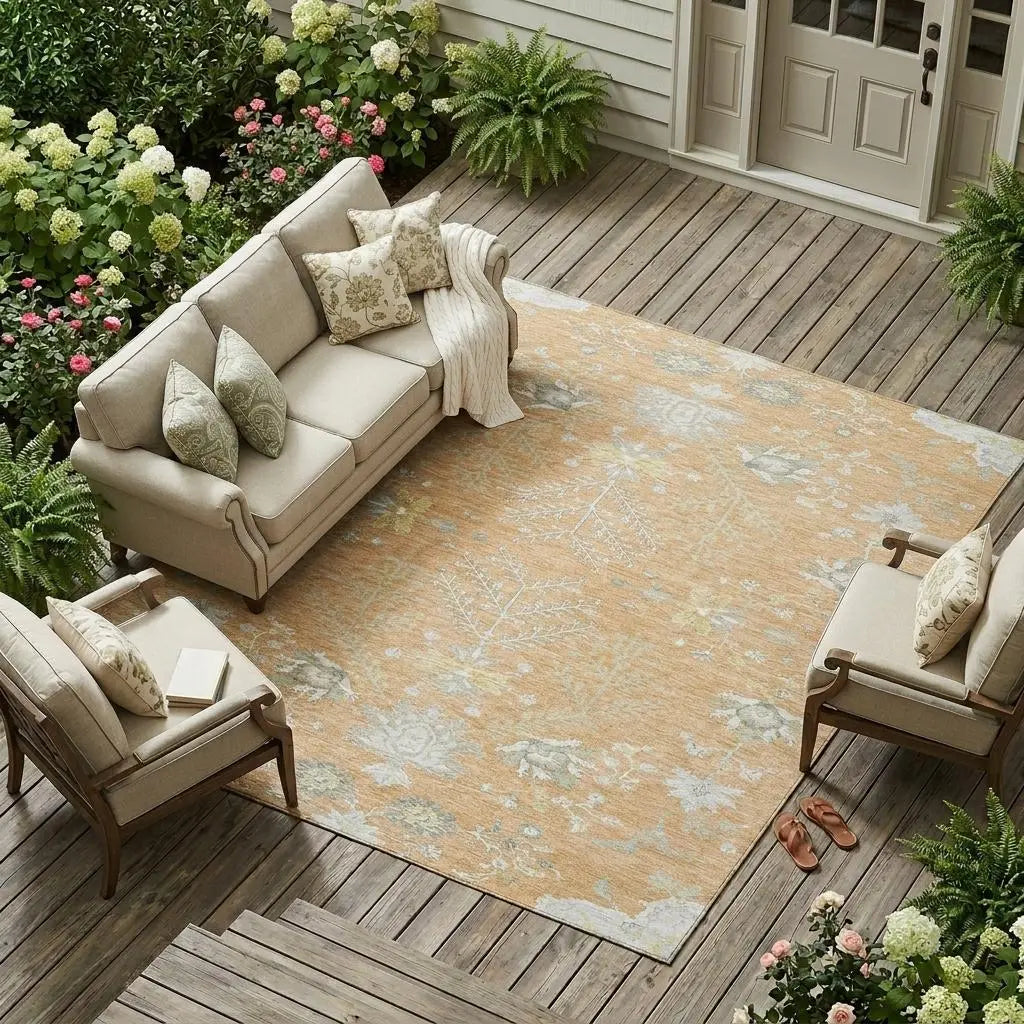 9' X 12' Peach And Ivory Oriental Washable Indoor Outdoor Area Rug Homeroots Outdoor