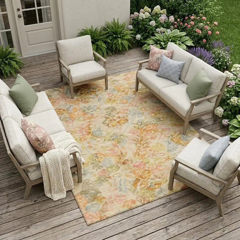 9' X 12' Peach And Orange Floral Washable Indoor Outdoor Area Rug Homeroots Outdoor