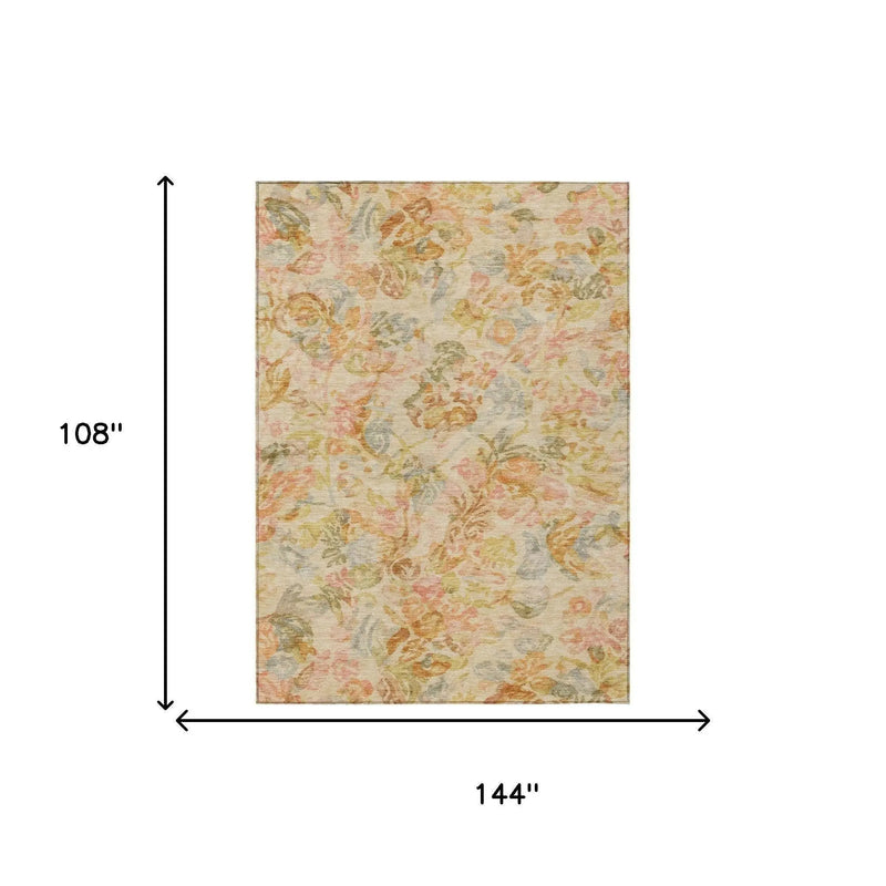 9' X 12' Peach And Orange Floral Washable Indoor Outdoor Area Rug Homeroots Outdoor